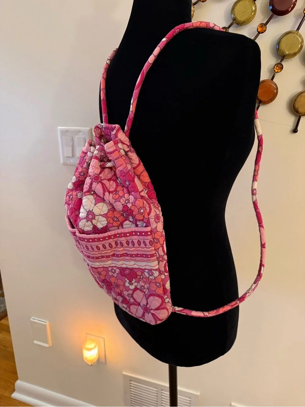 Quilted Pink Floral Drawstring Backpack Vera Bradley